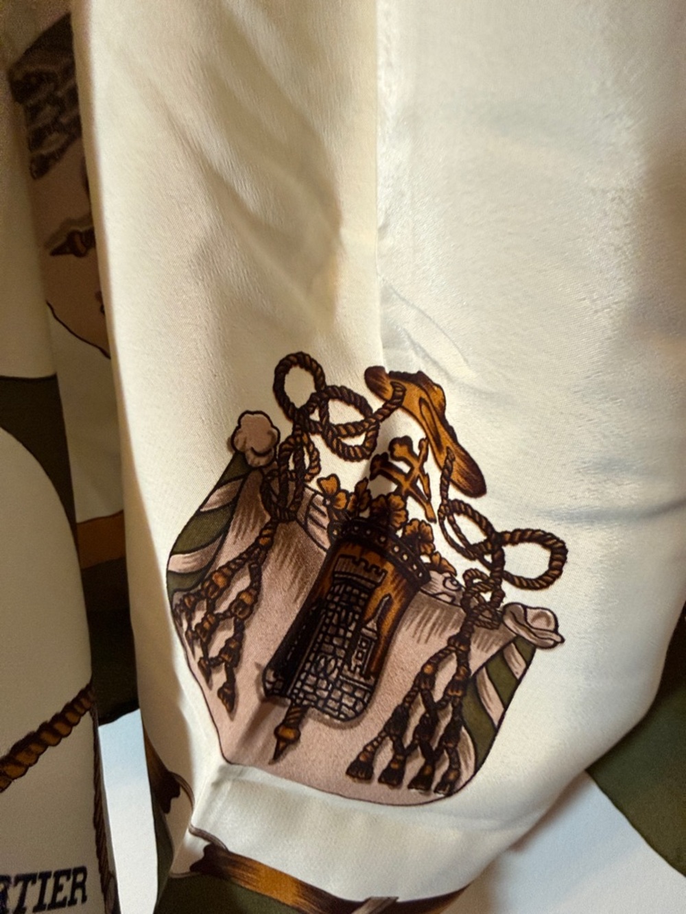 Vintage Cartier Olive, Ivory & Mustard Equestrian Silk Scarf - Picture 3 of 8